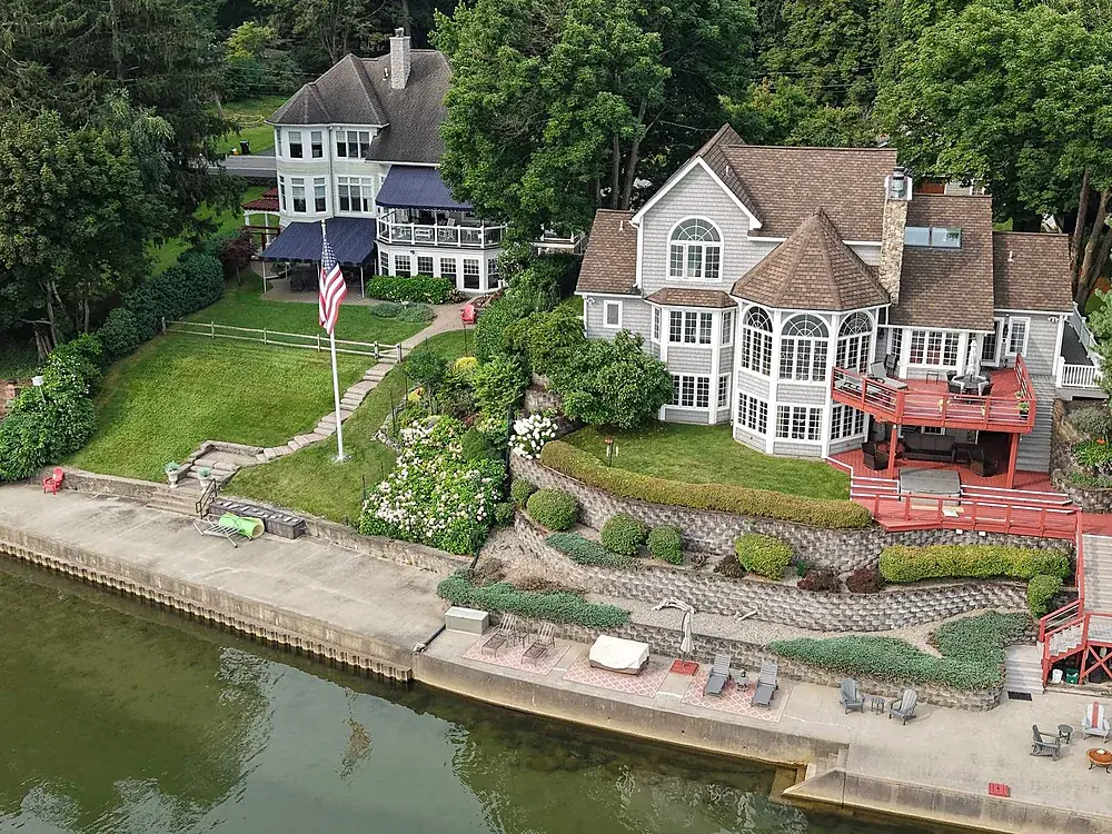 Straight-down drone photograph of a residential corner lot in Monroe County, New York